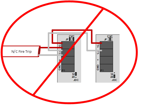 Do not connect a NC fire trip signal to multiple PDM's